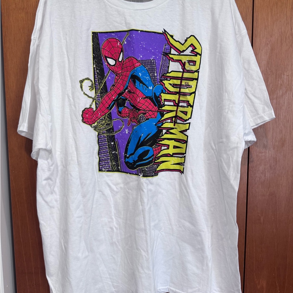 Marvel Spider-Man White Tee with Red, Blue & Purple Graphic